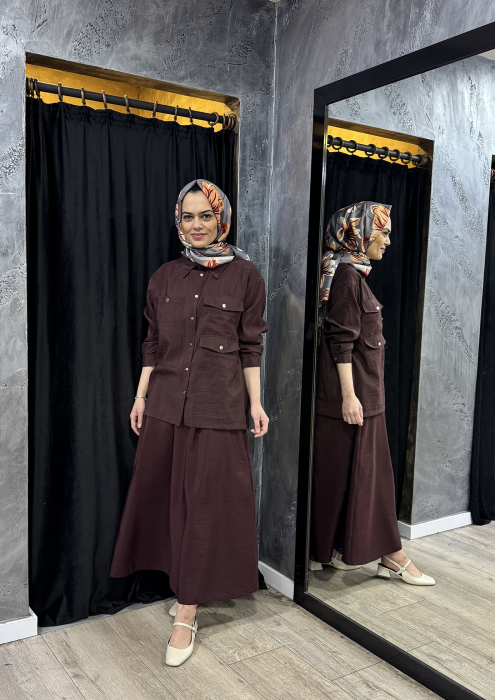 Ceremony Üç Cepli Önden Düğmeli Dubai Kısa Gömlek Kızıl Kahve - 1