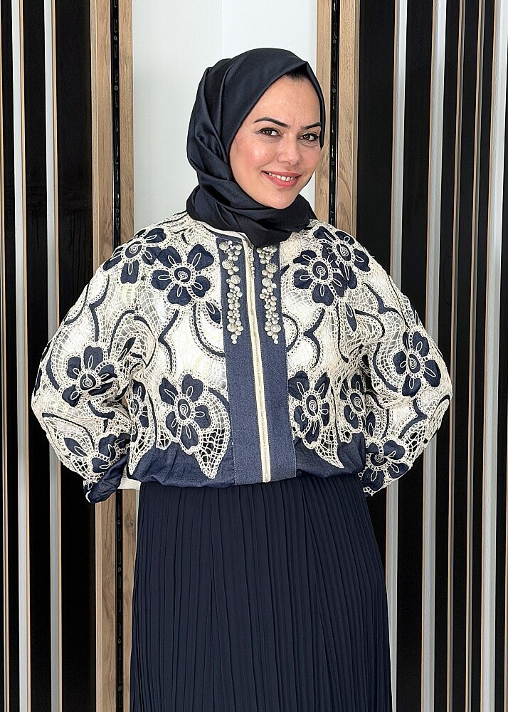 Ceremony Yakası ve Kolları Ribanalı Denim Dantel Bomber Ceket ORJİNAL - 3