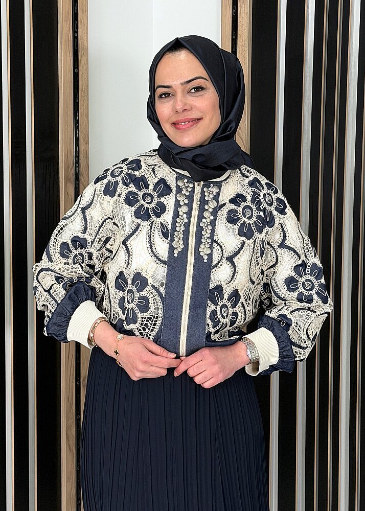 Ceremony Yakası ve Kolları Ribanalı Denim Dantel Bomber Ceket ORJİNAL - 2