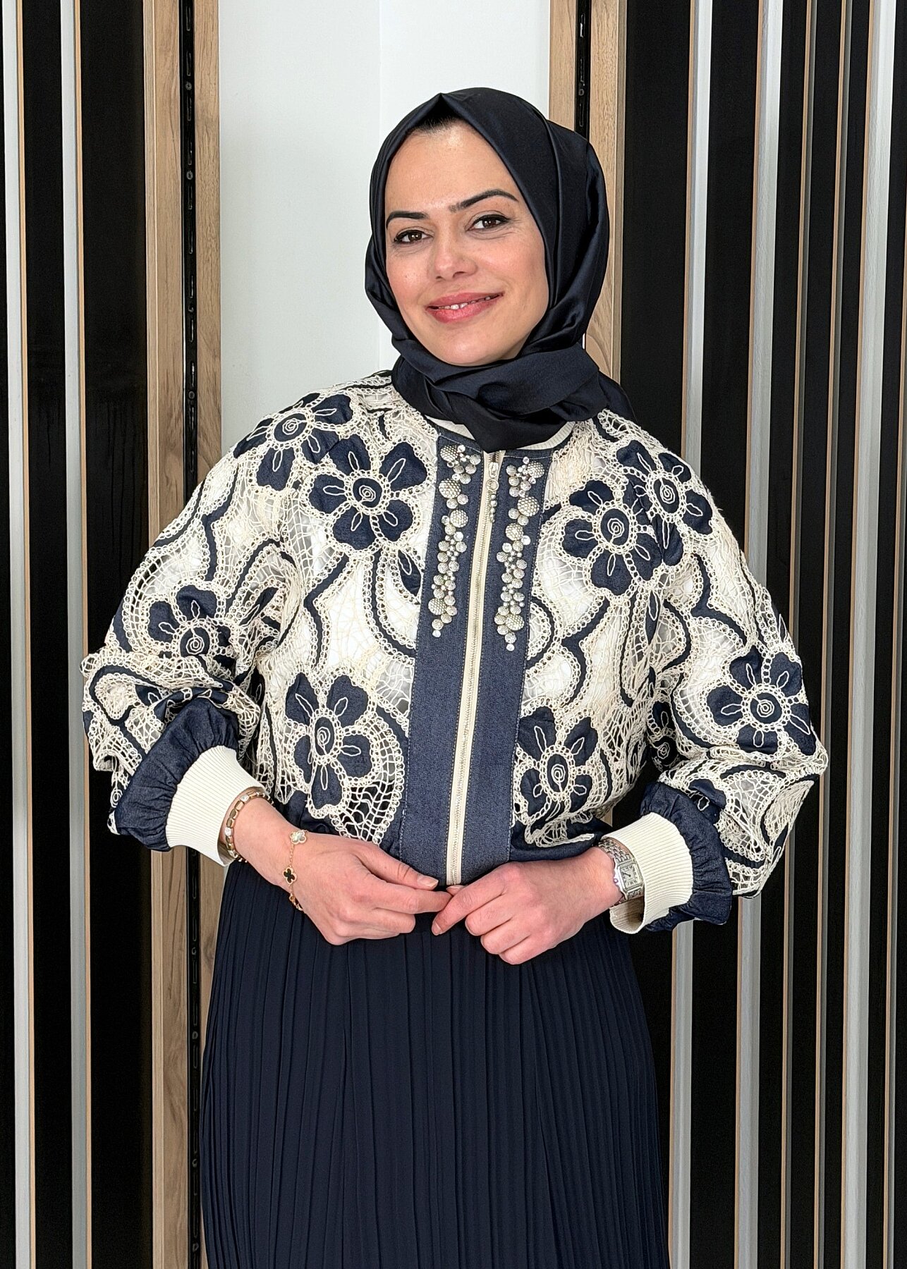 Ceremony Yakası ve Kolları Ribanalı Denim Dantel Bomber Ceket ORJİNAL - 2