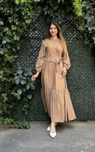 Ceremony Yandan Bağlamalı Cupra Elbise CAMEL 
