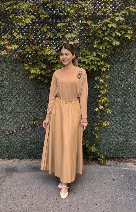 Ceremony Zara Deri Plisoley Etek Çelik Triko Sweat Takım CAMEL - 1