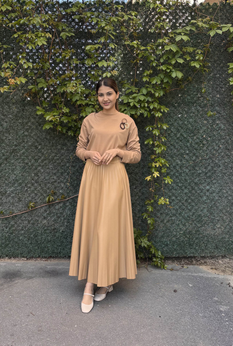 Ceremony Zara Deri Plisoley Etek Çelik Triko Sweat Takım CAMEL - 2