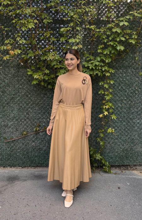 Ceremony Zara Deri Plisoley Etek Çelik Triko Sweat Takım CAMEL - 4