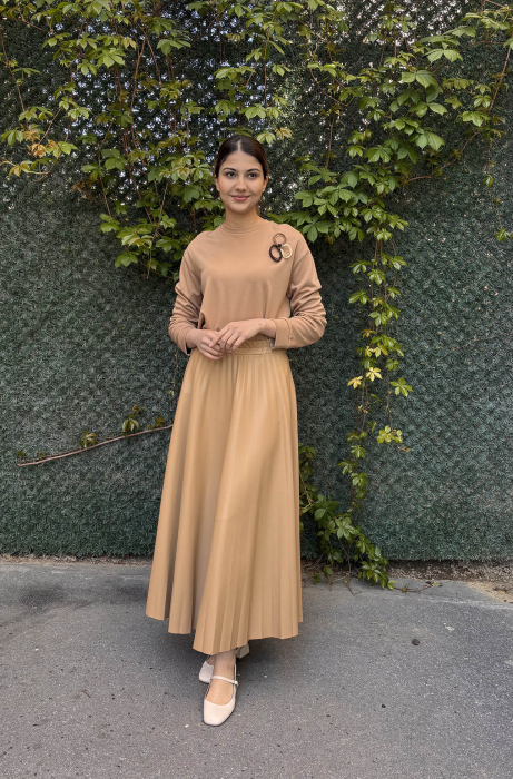 Ceremony Zara Deri Plisoley Etek Çelik Triko Sweat Takım CAMEL - 5