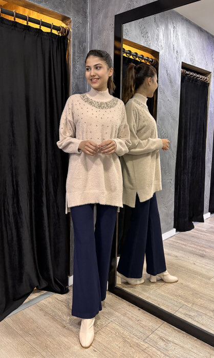 Sentez Kanvas İspanyol Paça Pantolon LACİVERT - 2