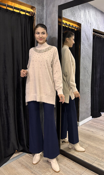 Sentez Kanvas İspanyol Paça Pantolon LACİVERT - 3