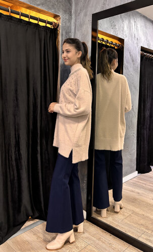 Sentez Kanvas İspanyol Paça Pantolon LACİVERT - 4