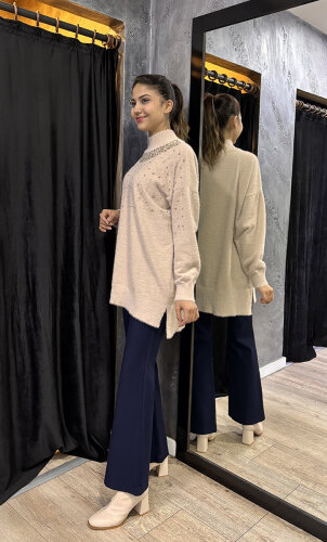 Sentez Kanvas İspanyol Paça Pantolon LACİVERT - 5