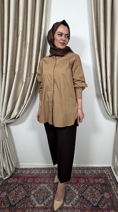 Sentez Roma Arkası Lastikli Pileli Pantolon KAHVE - 1