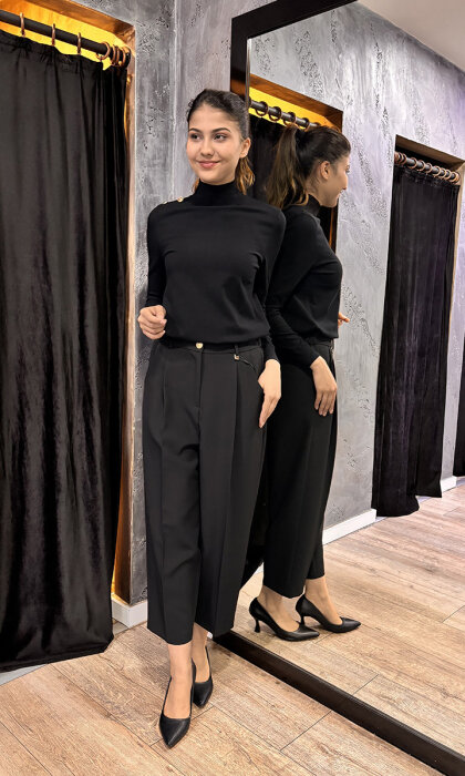 Sentez Roma Arkası Lastikli Pileli Pantolon SİYAH - 3