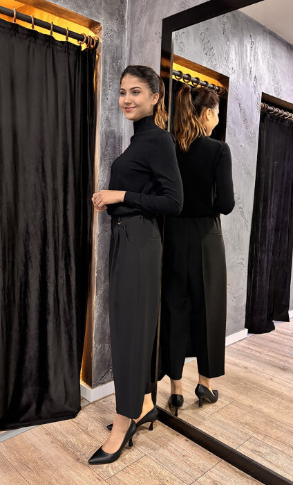 Sentez Roma Arkası Lastikli Pileli Pantolon SİYAH - 4