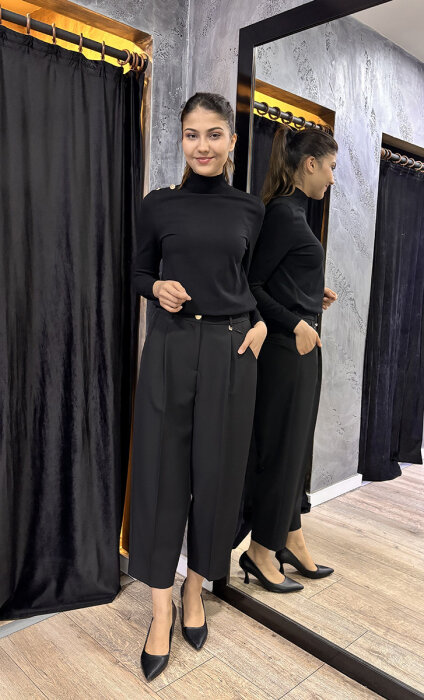 Sentez Roma Arkası Lastikli Pileli Pantolon SİYAH - 1