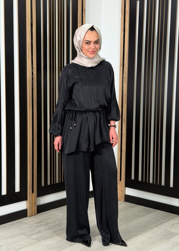 Clande Arkası Lastikli Bol Paça Pantolon SİYAH - 2