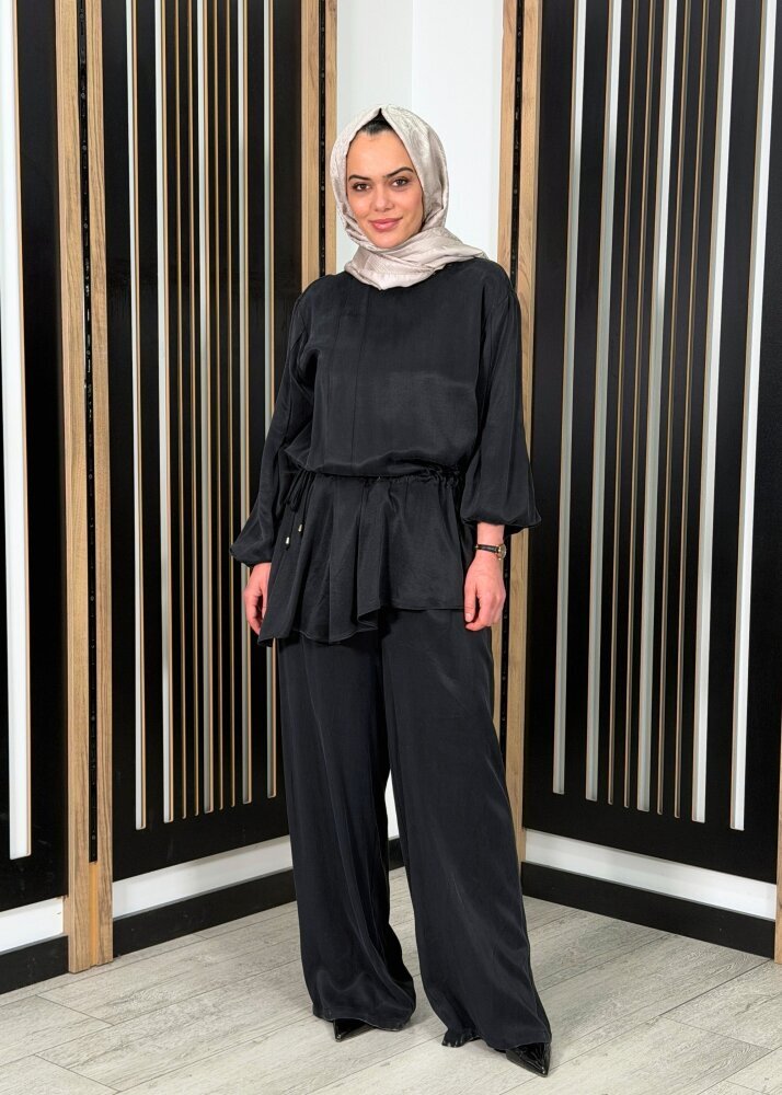 Clande Arkası Lastikli Bol Paça Pantolon SİYAH - 3