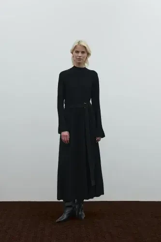 Clande Balıkçıl Yaka Triko Elbise SİYAH - 3