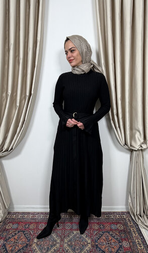 Clande Balıkçıl Yaka Triko Elbise SİYAH - 1