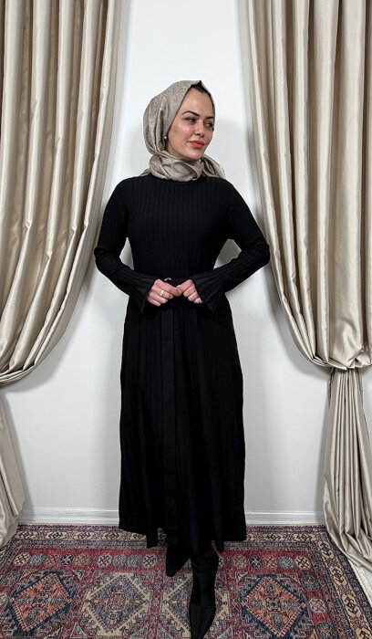 Clande Balıkçıl Yaka Triko Elbise SİYAH - 3