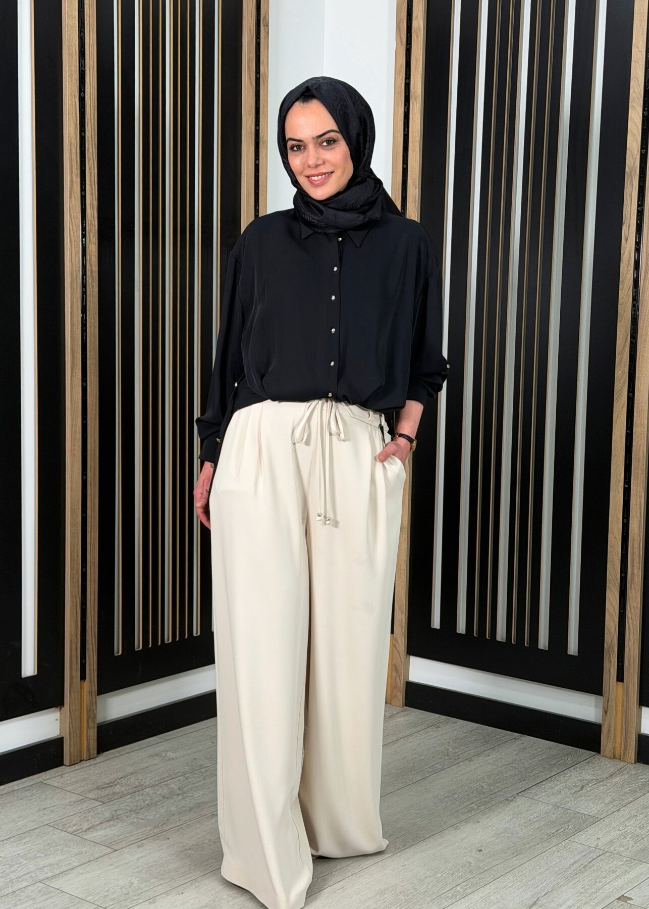 Clande Belden Bağlamalı Bol Paça Pantolon BEJ - 2