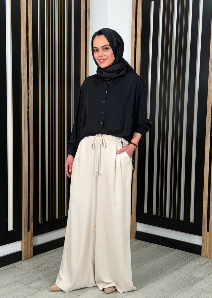 Clande Belden Bağlamalı Bol Paça Pantolon BEJ - 1