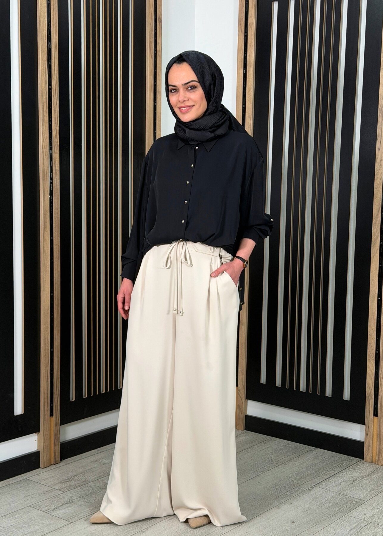 Clande Belden Bağlamalı Bol Paça Pantolon BEJ - 1