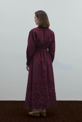 Clande Belden Büzgülü Dantel Detaylı Elbise BORDO - 2