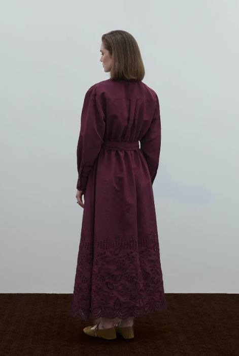 Clande Belden Büzgülü Dantel Detaylı Elbise BORDO - 2