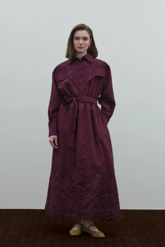 Clande Belden Büzgülü Dantel Detaylı Elbise BORDO - 1