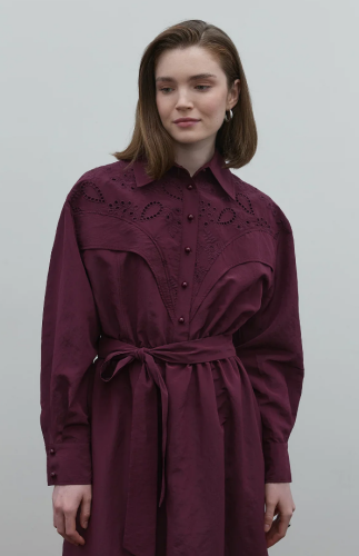 Clande Belden Büzgülü Dantel Detaylı Elbise BORDO - 3