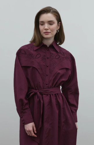 Clande Belden Büzgülü Dantel Detaylı Elbise BORDO - 5