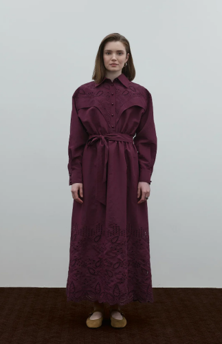 Clande Belden Büzgülü Dantel Detaylı Elbise BORDO - 6