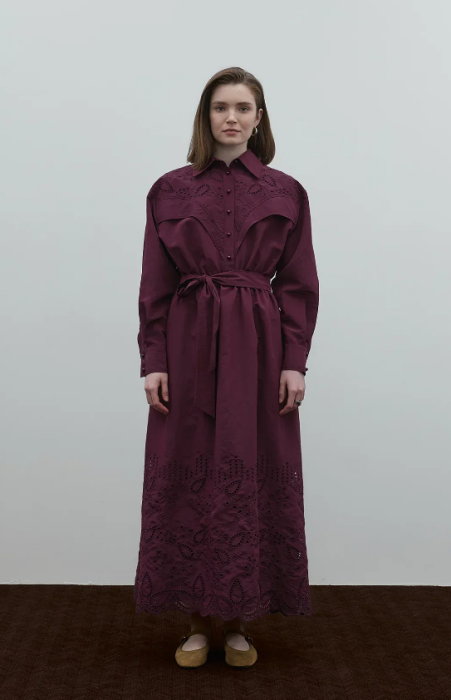 Clande Belden Büzgülü Dantel Detaylı Elbise BORDO - 6