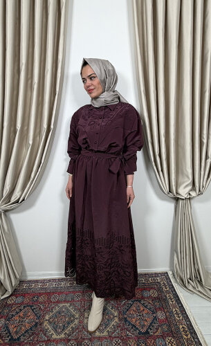 Clande Belden Büzgülü Dantel Detaylı Elbise BORDO