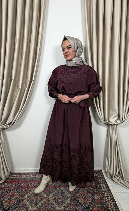 Clande Belden Büzgülü Dantel Detaylı Elbise BORDO - 3