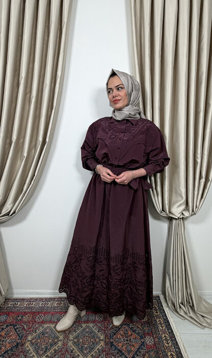 Clande Belden Büzgülü Dantel Detaylı Elbise BORDO - 2