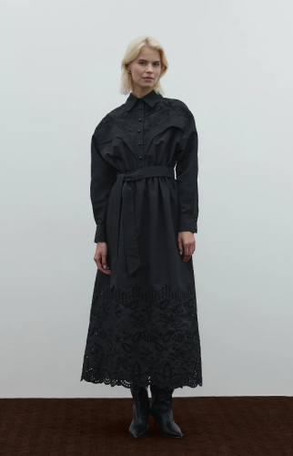 Clande Belden Büzgülü Dantel Detaylı Elbise SİYAH 