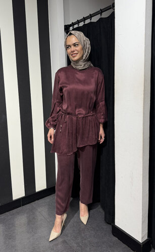 Clande Beli Büzgülü Cupra Tunik BORDO - 2