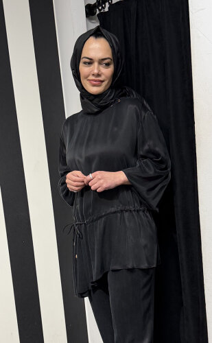 Clande Beli Büzgülü Cupra Tunik SİYAH - 2