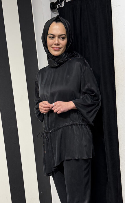 Clande Beli Büzgülü Cupra Tunik SİYAH - 2