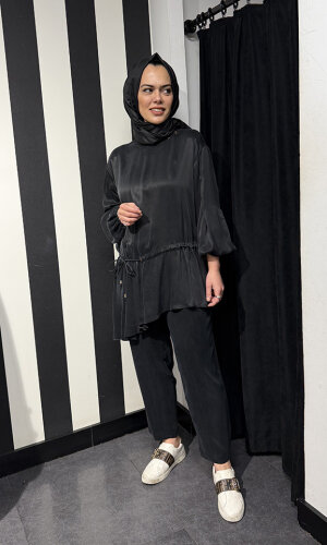 Clande Beli Büzgülü Cupra Tunik SİYAH - 3