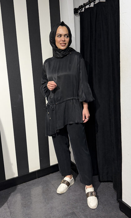 Clande Beli Büzgülü Cupra Tunik SİYAH - 3