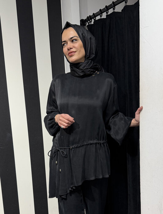 Clande Beli Büzgülü Cupra Tunik SİYAH - 1