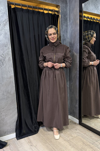 Clande Beli Büzgülü Elbise KAHVE