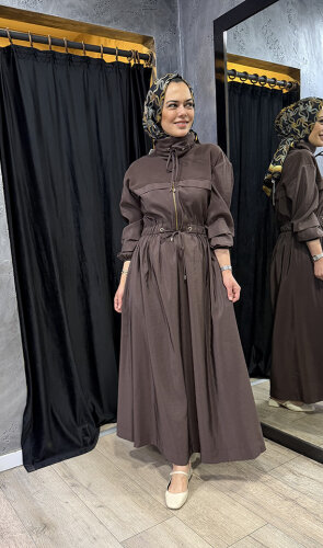 Clande Beli Büzgülü Elbise KAHVE - 2