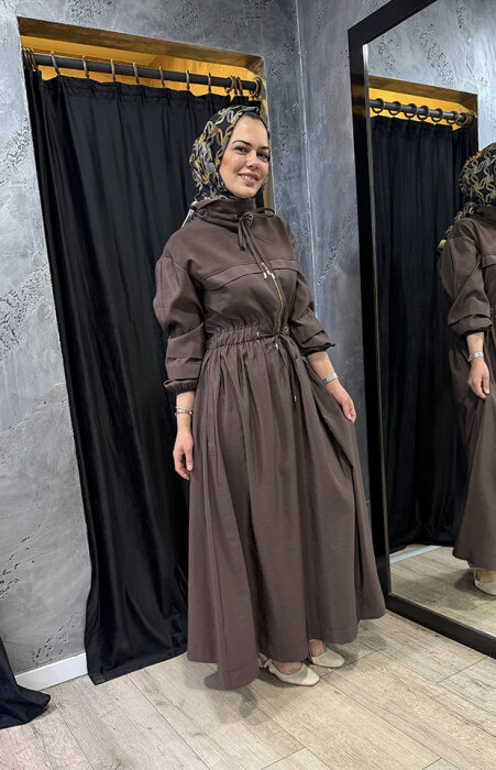 Clande Beli Büzgülü Elbise KAHVE - 3