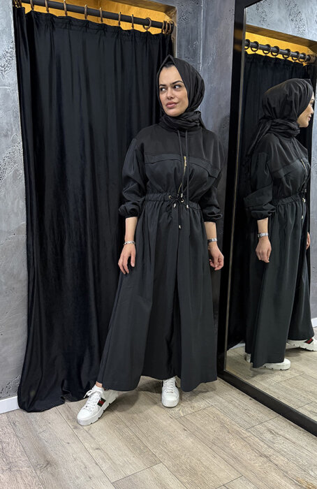 Clande Beli Büzgülü Elbise SİYAH - 1