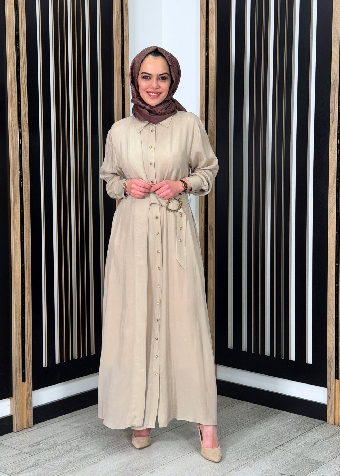 Clande Beli Kemerli Cupro Elbise BEJ - 1