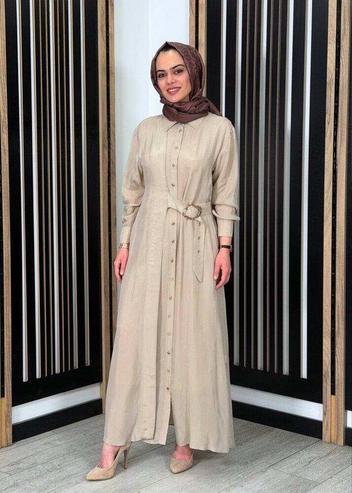 Clande Beli Kemerli Cupro Elbise BEJ - 2