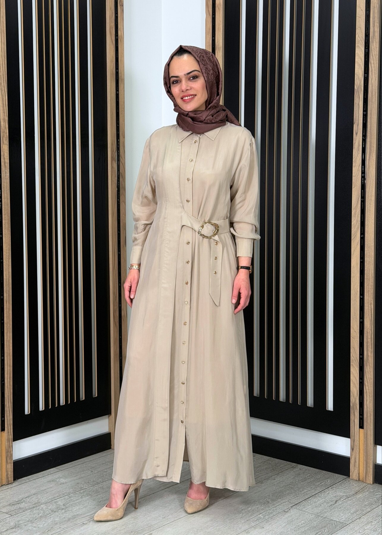 Clande Beli Kemerli Cupro Elbise BEJ - 2