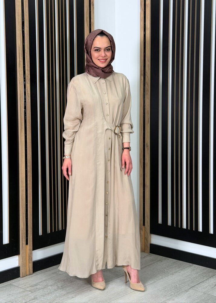 Clande Beli Kemerli Cupro Elbise BEJ - 3